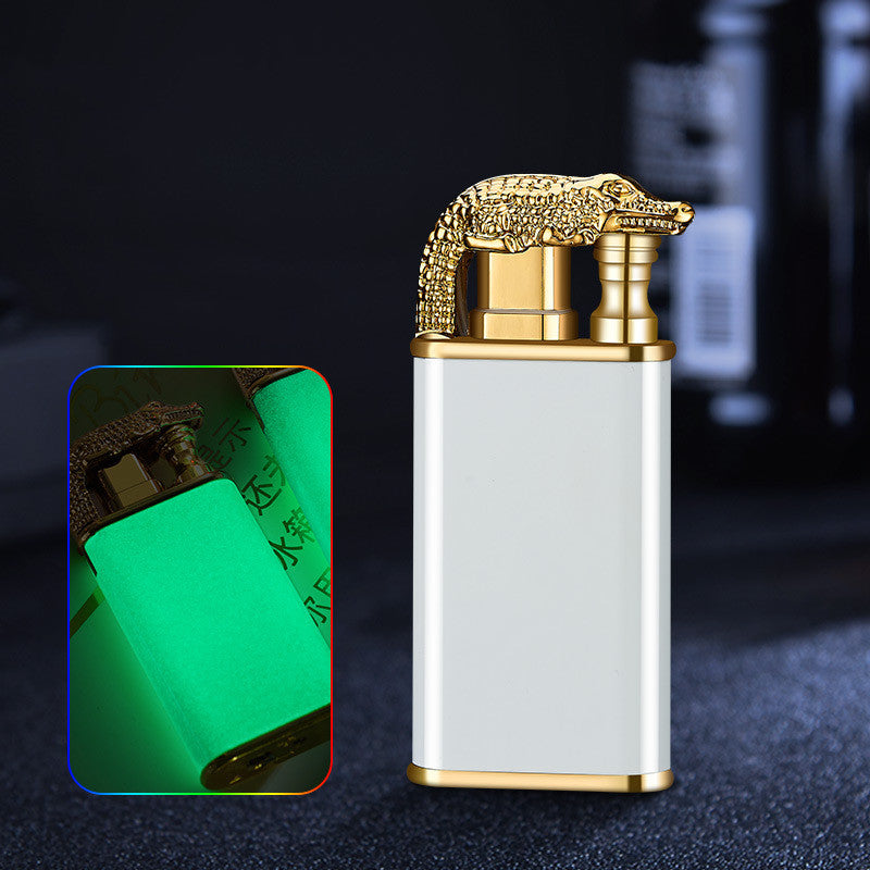 Creative blue flame metal lighter with dolphin and dragon design, windproof double fire flame, portable and stylish.
