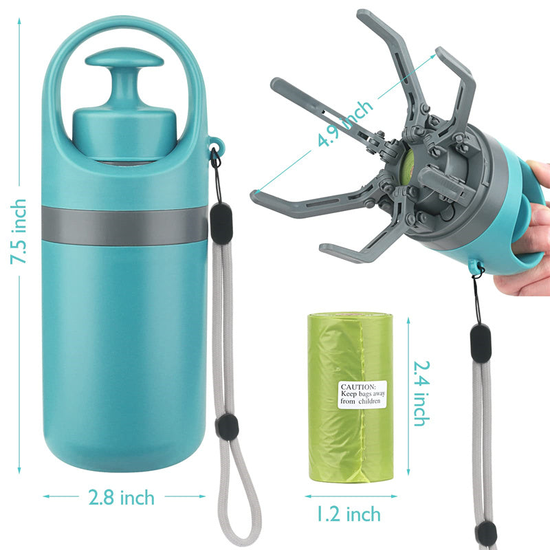 Portable lightweight dog pooper scooper with built-in poop bag dispenser and eight-claw shovel in blue plastic design