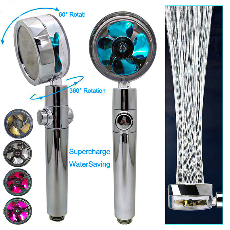 Water saving shower head with 360-degree rotation and small fan, ABS plastic, chrome finish, high pressure spray nozzle for bathroom use