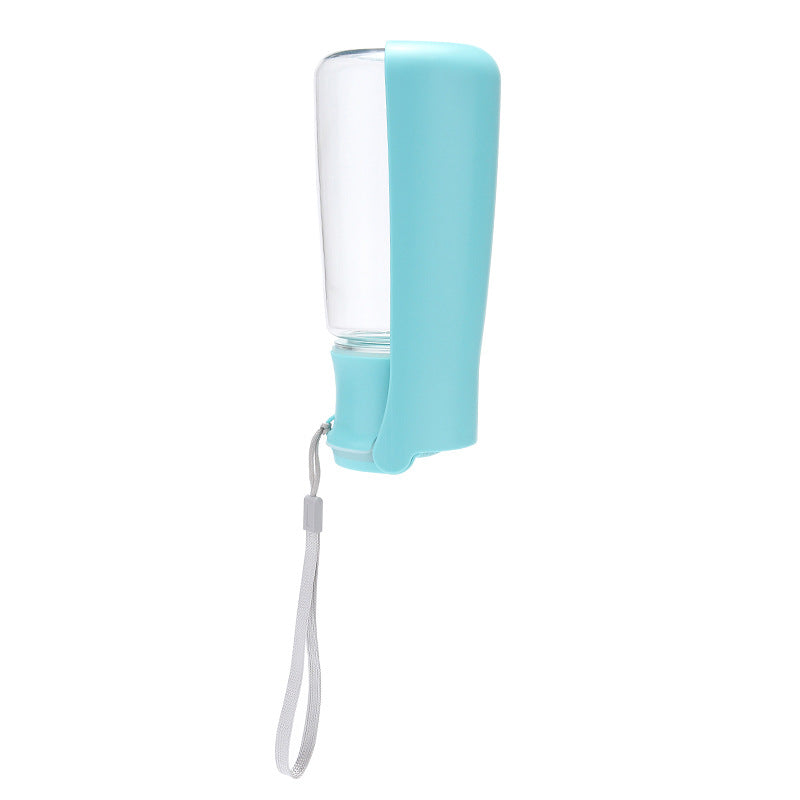 Blue foldable dog portable water bottle for pets with attached water dispenser