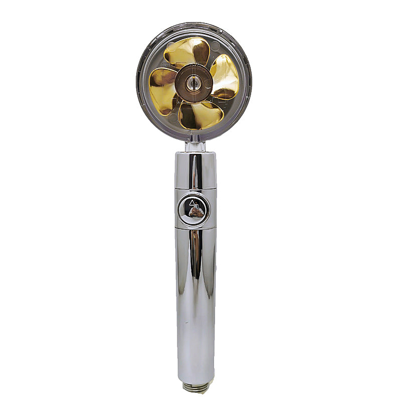 Water saving shower head with 360-degree rotation and built-in fan, chrome ABS plastic rain spray nozzle