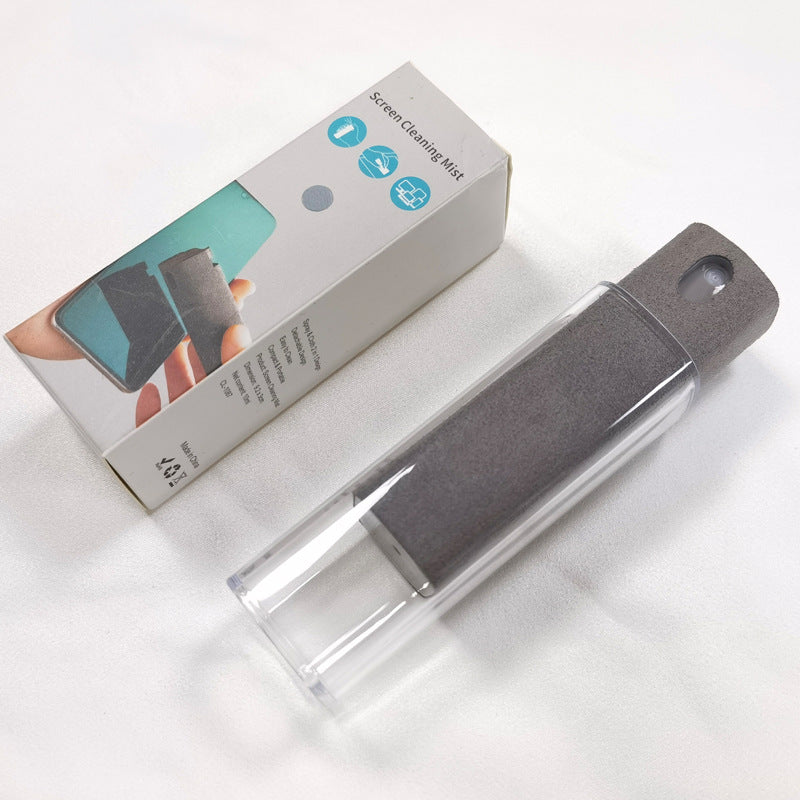 Portable mobile phone screen cleaner with built-in spray and microfiber wipe