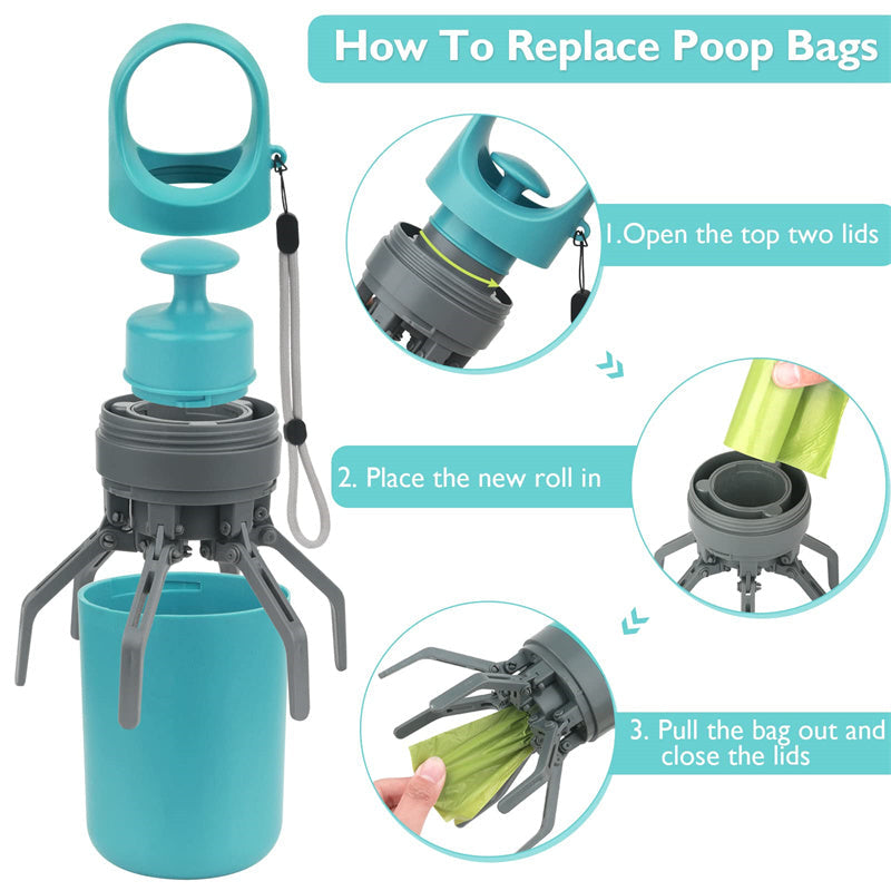 Portable lightweight blue dog pooper scooper with built-in poop bag dispenser and eight-claw shovel for easy pet waste pickup