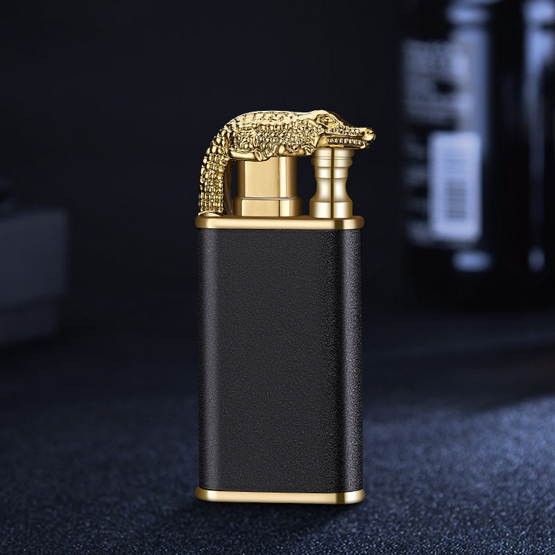 Creative metal blue flame lighter with dragon and dolphin design, windproof double fire jet flame