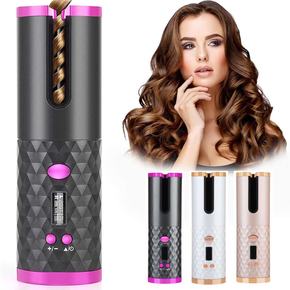 Rechargeable Automatic Hair Curler with cordless design, LCD display, and ceramic barrel for salon-quality curls on the go