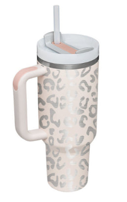 40 oz stainless steel insulated tumbler with handle, spill-proof lid, and straw for hot and cold beverages