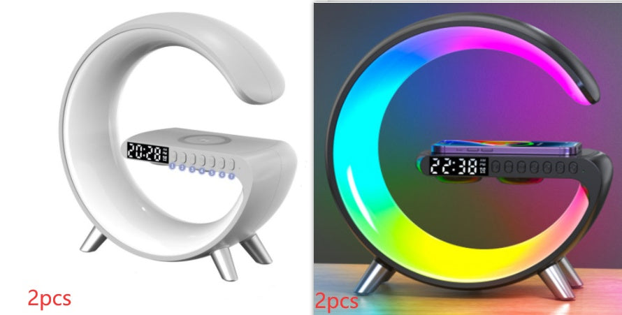 Intelligent G shaped LED lamp with Bluetooth speaker and wireless charger for home decor