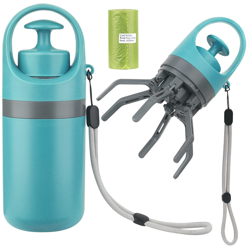 Portable lightweight dog pooper scooper with built-in poop bag dispenser and eight-claw shovel for easy pet waste pickup
