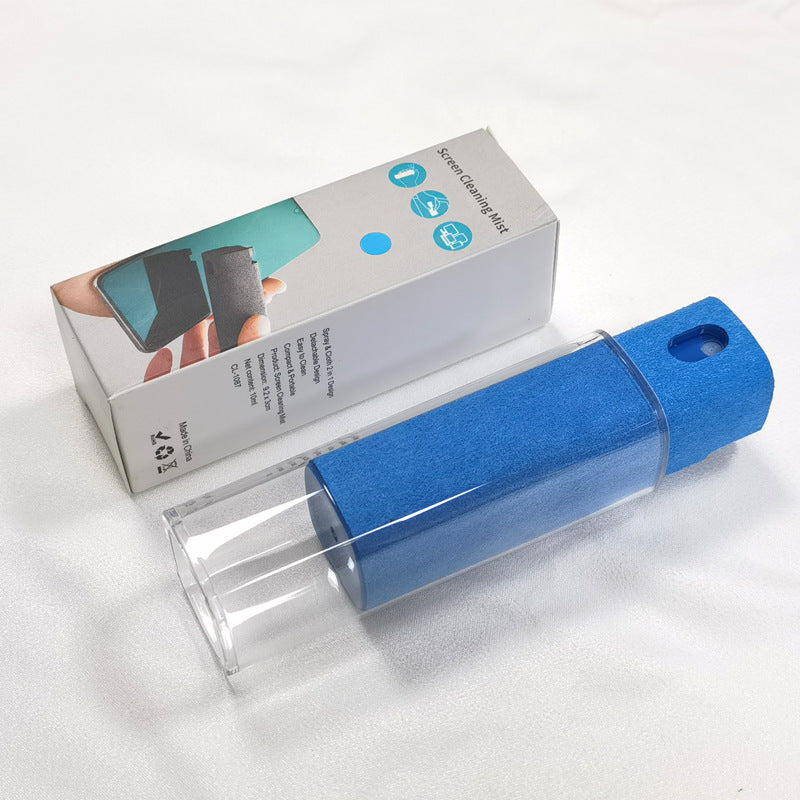 Portable mobile phone screen cleaner with integrated spray and microfiber wipe in compact case