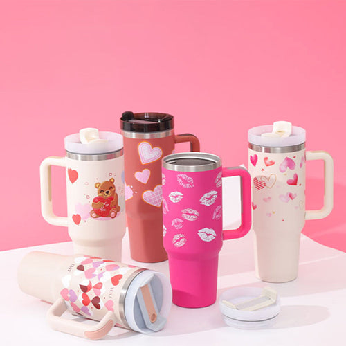 40 oz stainless steel insulated tumbler with handle, spill-proof lid, and straw for coffee and travel use