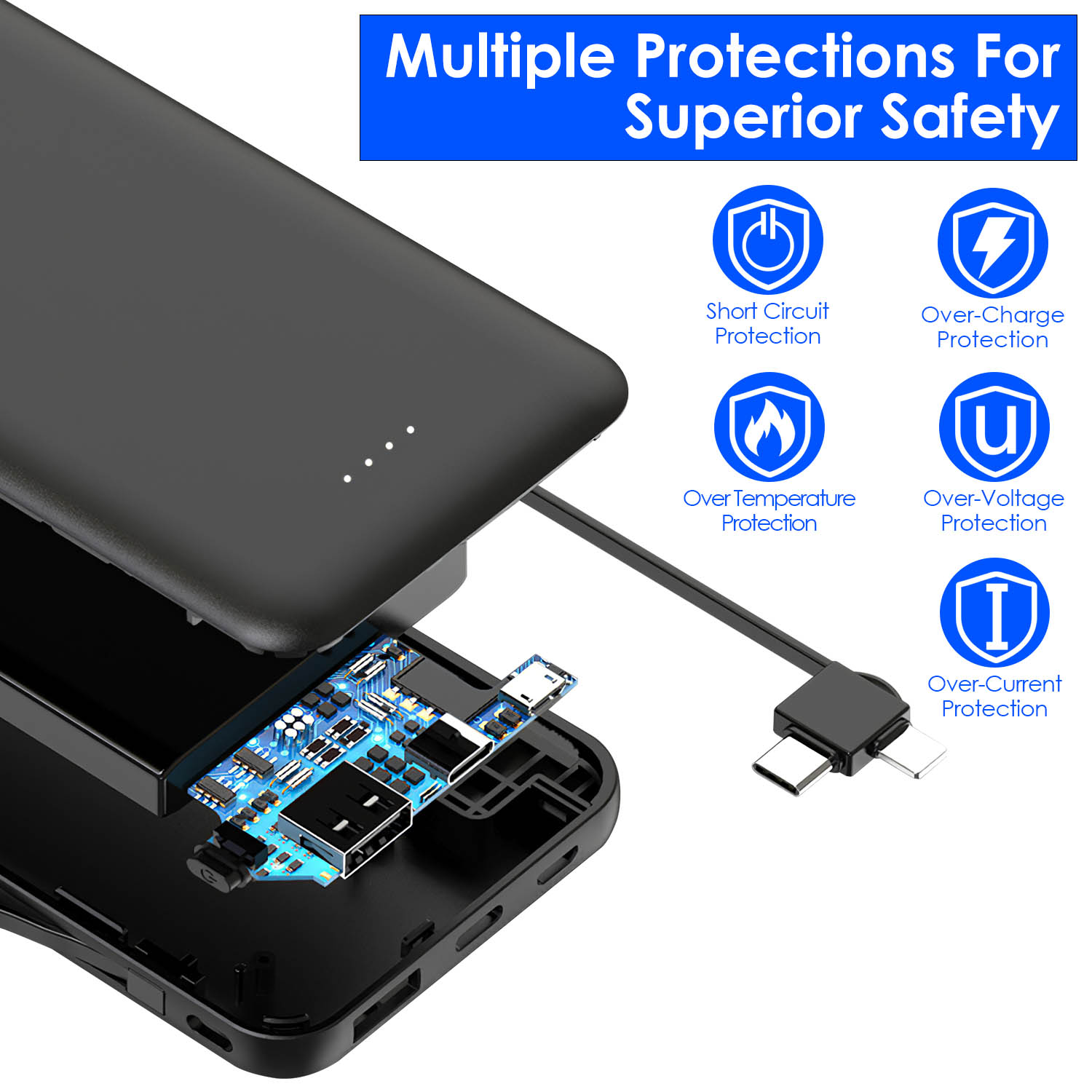 10000mAh portable power bank with LT and Type-C cables for iPhone and Android charging