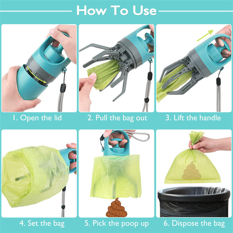 Portable lightweight dog pooper scooper with built-in poop bag dispenser and eight-claw shovel for easy pet waste pickup