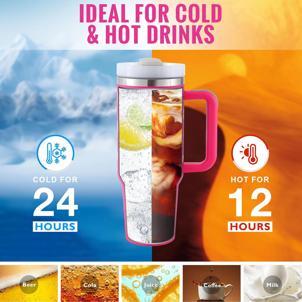 40 oz stainless steel insulated tumbler with handle, straw, and spill-proof lid for hot and cold drinks