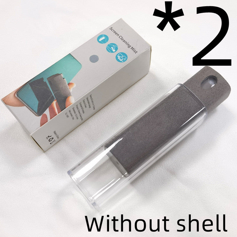 Portable mobile phone screen cleaner with integrated spray and microfiber wipe in compact design