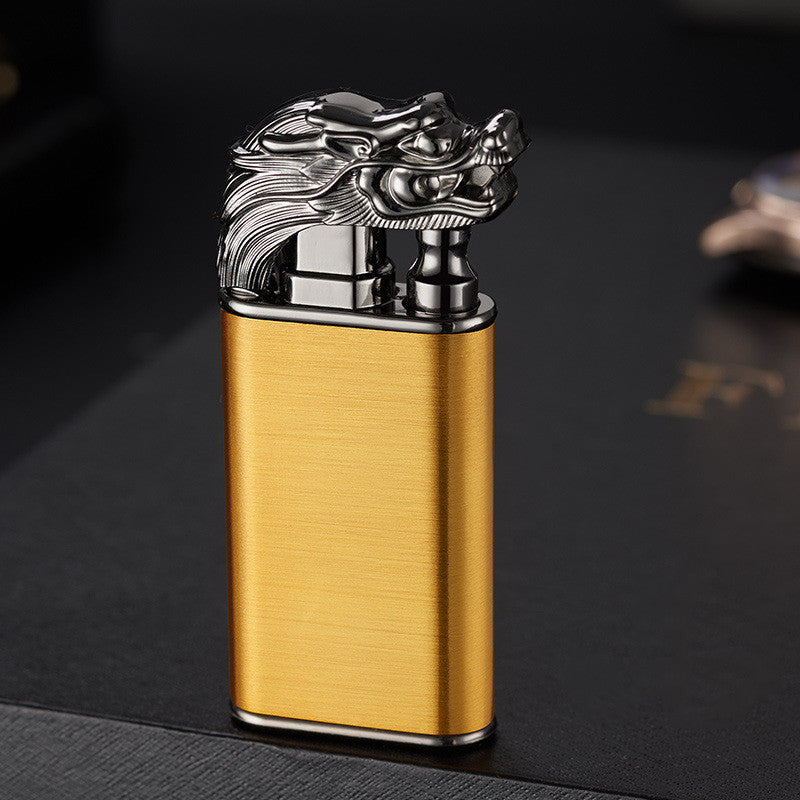 Creative blue flame lighter with dragon and dolphin design, double flame, windproof metal butane lighter