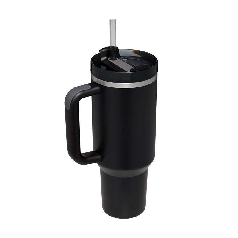 40 oz stainless steel insulated tumbler with handle, straw, and spill-proof lid for coffee and travel