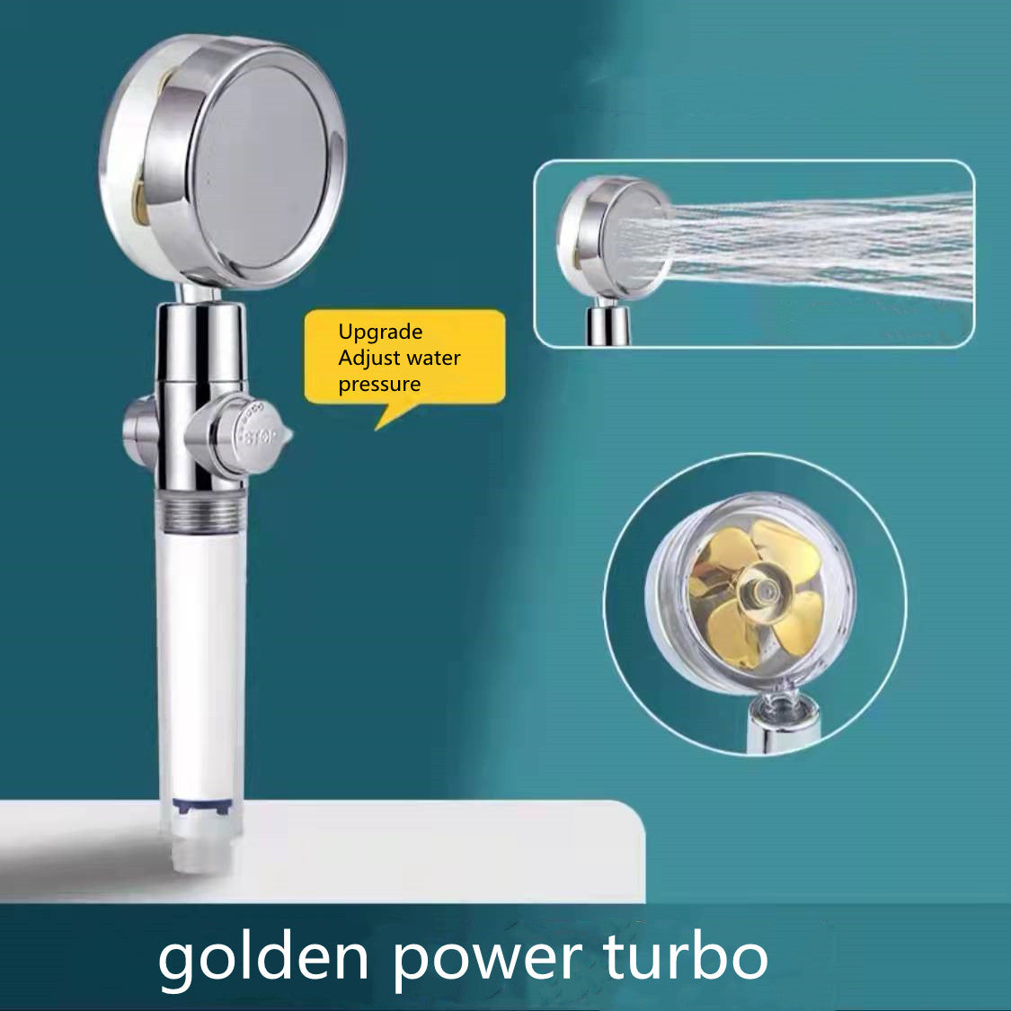 Water saving shower head with 360-degree rotation and built-in fan, chrome ABS rain spray nozzle