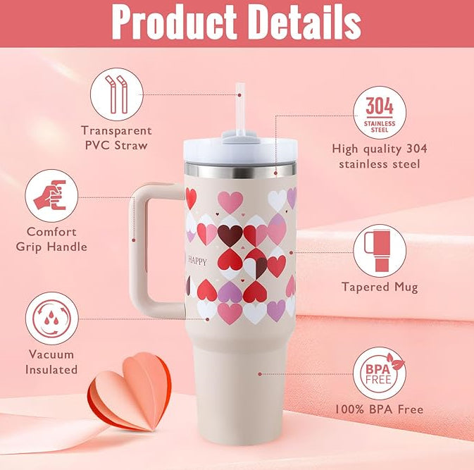 40 oz stainless steel insulated tumbler with handle, straw, and spill-proof lid for hot and cold drinks