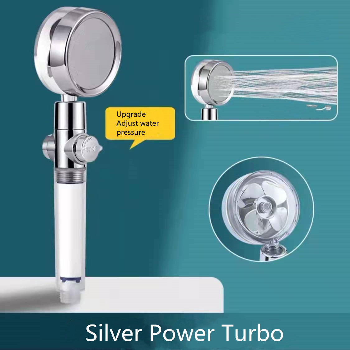 Water saving shower head with 360-degree rotation and built-in fan, chrome ABS plastic high pressure nozzle