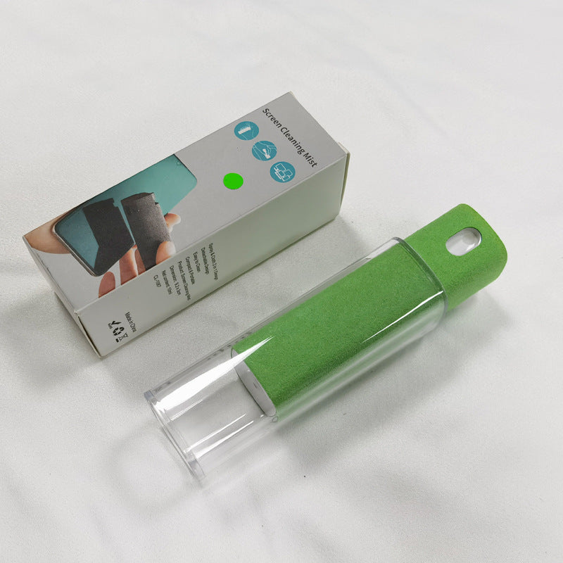 Portable mobile phone screen cleaner with integrated spray and microfiber wipe in a compact design