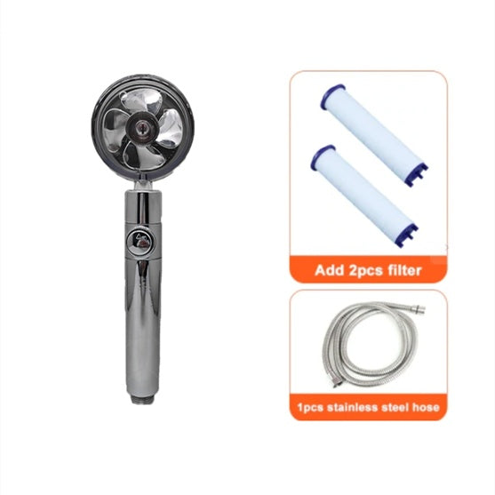 Water saving shower head with 360-degree rotation and built-in fan in chrome ABS plastic